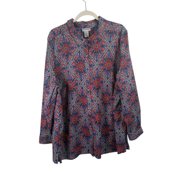 Catherines Blue Red Floral Button Front 100% Cotton Shirt Office Womens Plus 2x - Picture 1 of 5